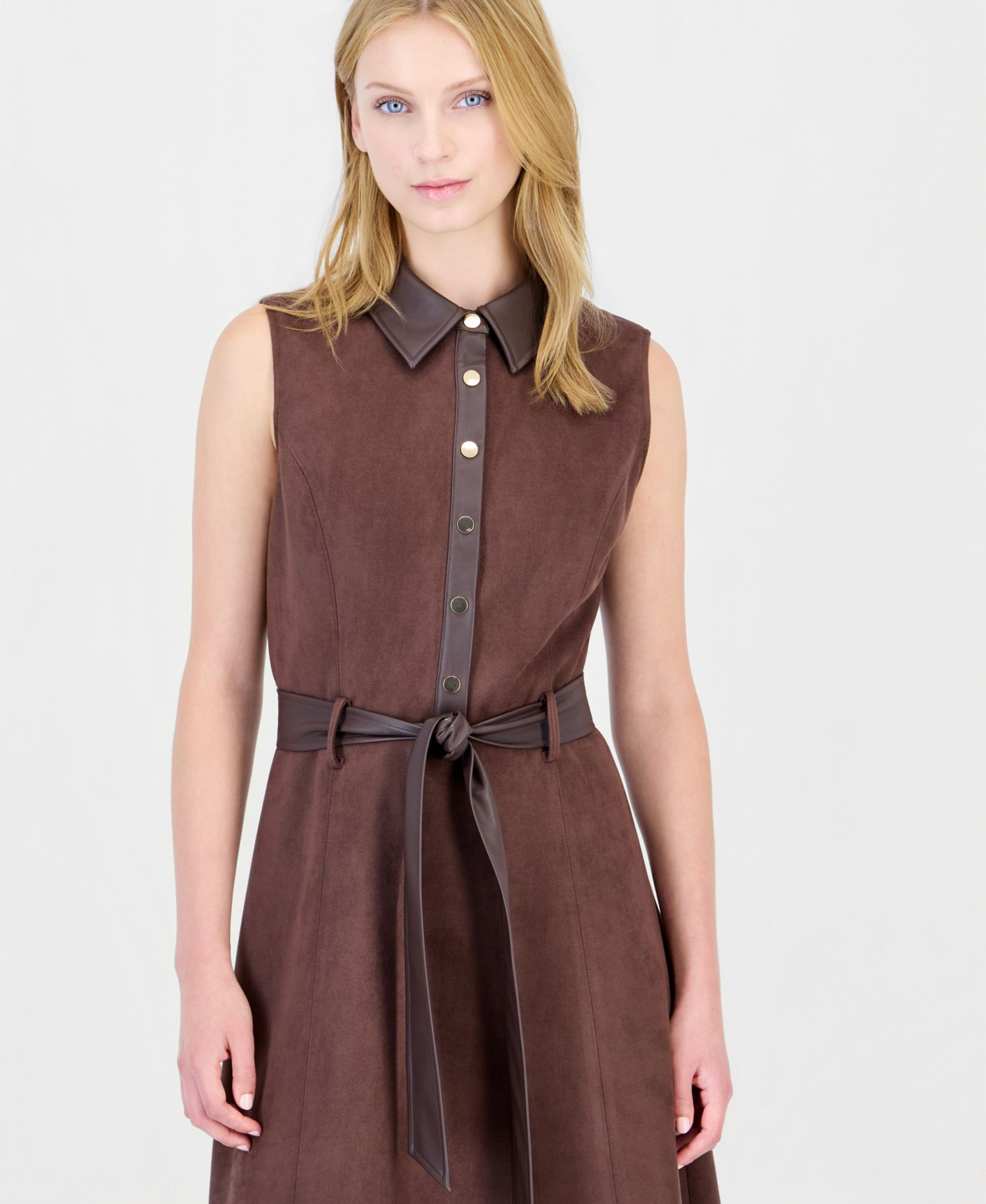 Women's Fit-and-Flare Collared Sleeveless Faux Suede Midi Dress