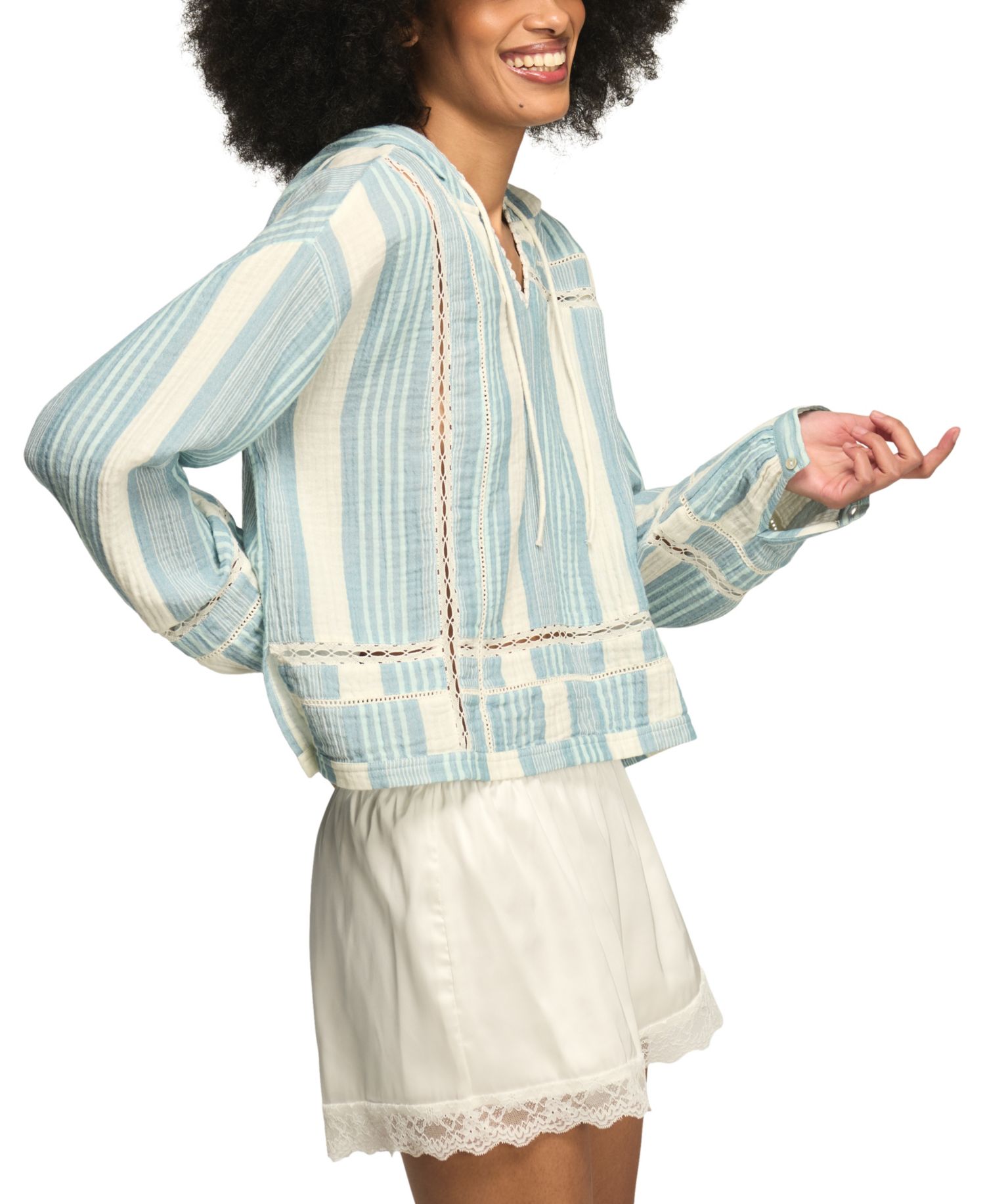 Women's Striped Lace Detail V-Neck Hoodie