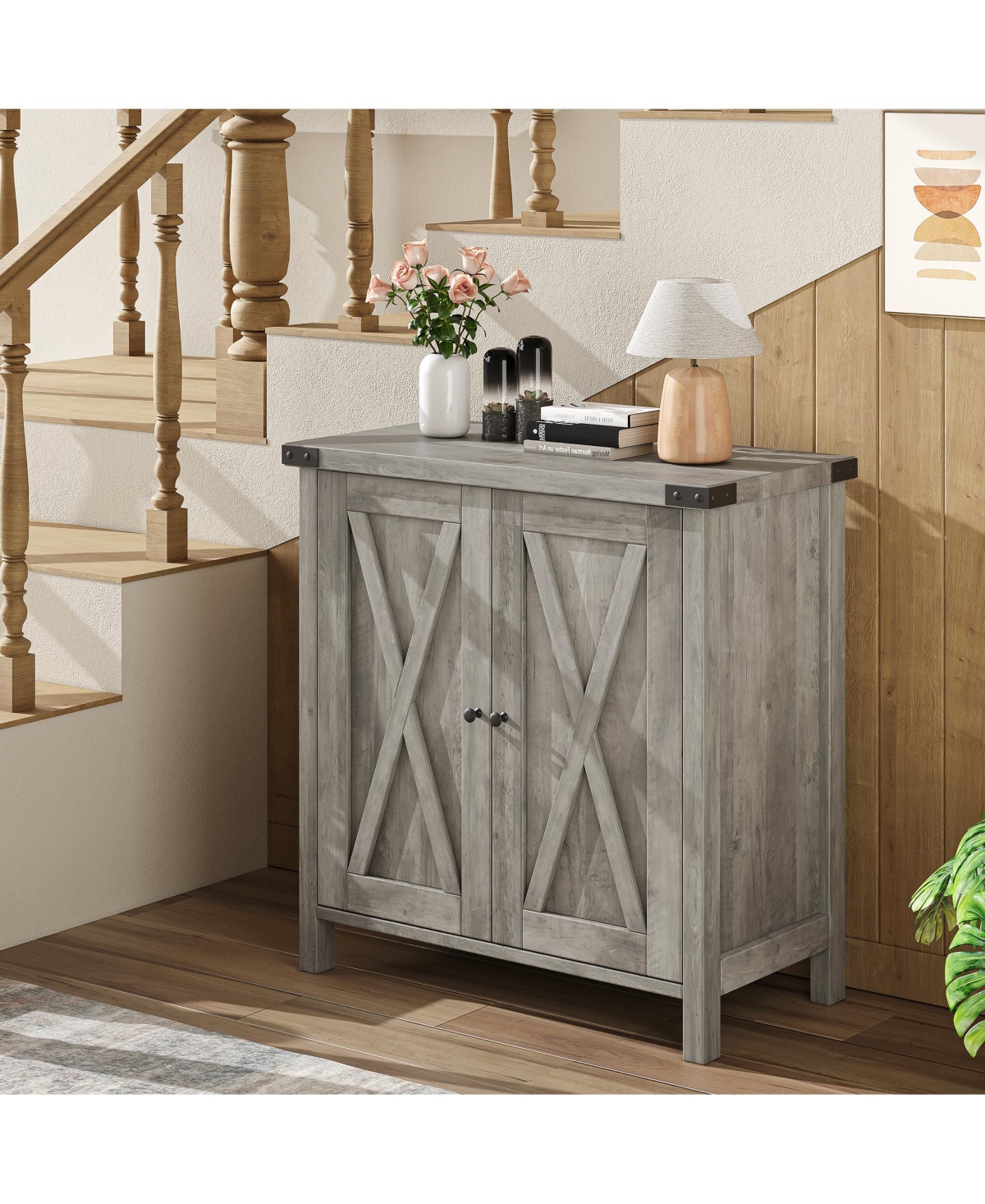 homfan Farmhouse Sideboard Buffet Cabinet with Storage, 2 Barn Doors and Adjustable Shelf for Kitchen, Living Room, Entryway