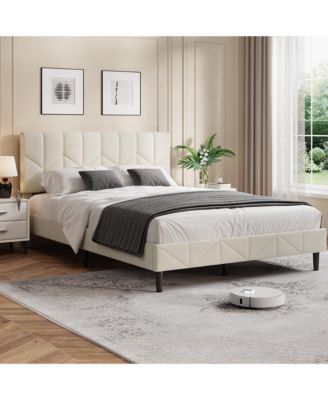Upholstered Platform Bed Frame Soft Headboard Modern Bedroom Furniture Sturdy Wooden Slats Support Y Shaped Frame