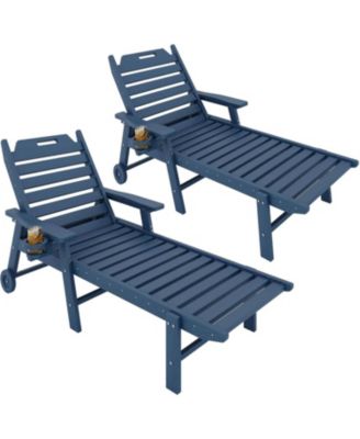 2 Piece All-Weather Chaise HDPE Lounge Chair, Built-in Cup Holder and Rolling Wheels for Patio, Poolside, Deck