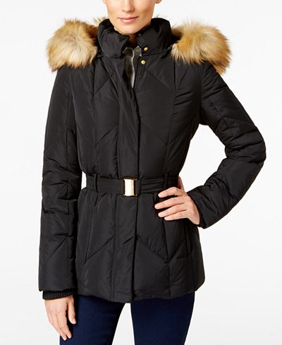 Jones New York Faux-Fur-Trim Belted Down Coat
