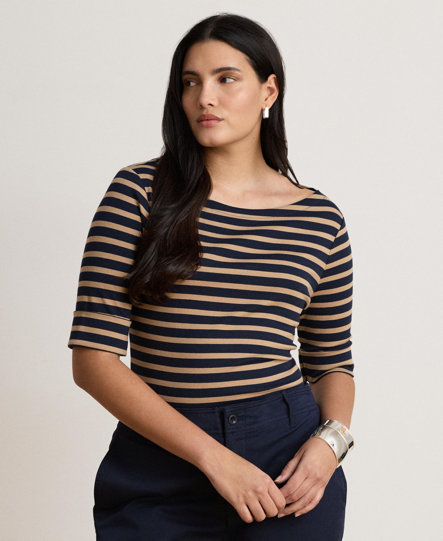 Petite Striped Stretch Cotton Boat Neck Top