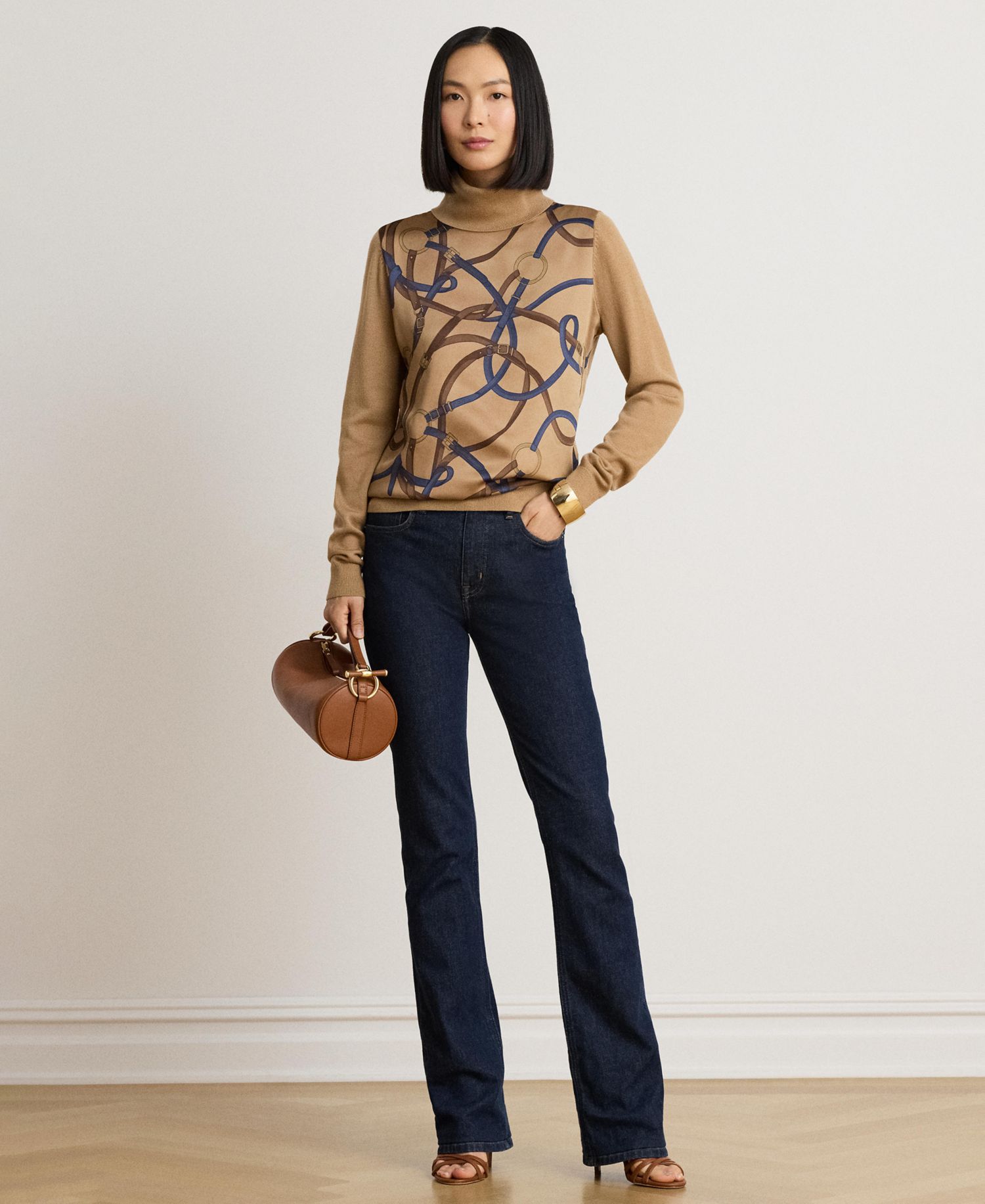 Women's Belting-Print Turtleneck Sweater