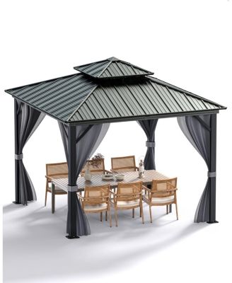 10x10 Feet Hardtop Gazebo for All Weather, with Metal Double Roof, Aluminum Alloy Frame, Net, and Curtain, Heavy Duty Building for Patio, Deck