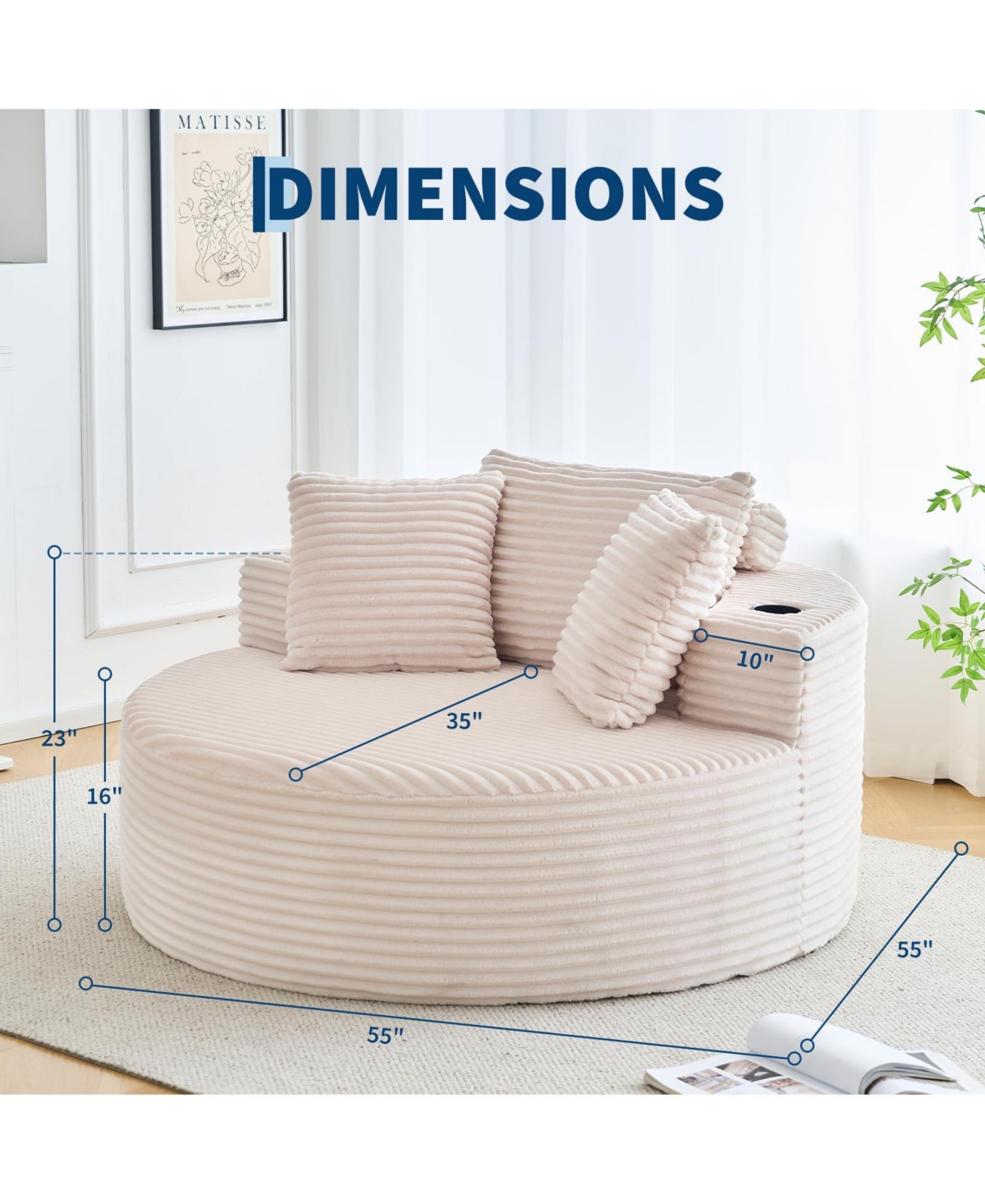 gaomon 55 Inch Oversized Round Chaise Lounge Chair with Cup Holders Corduroy Circle Couch No Assembly