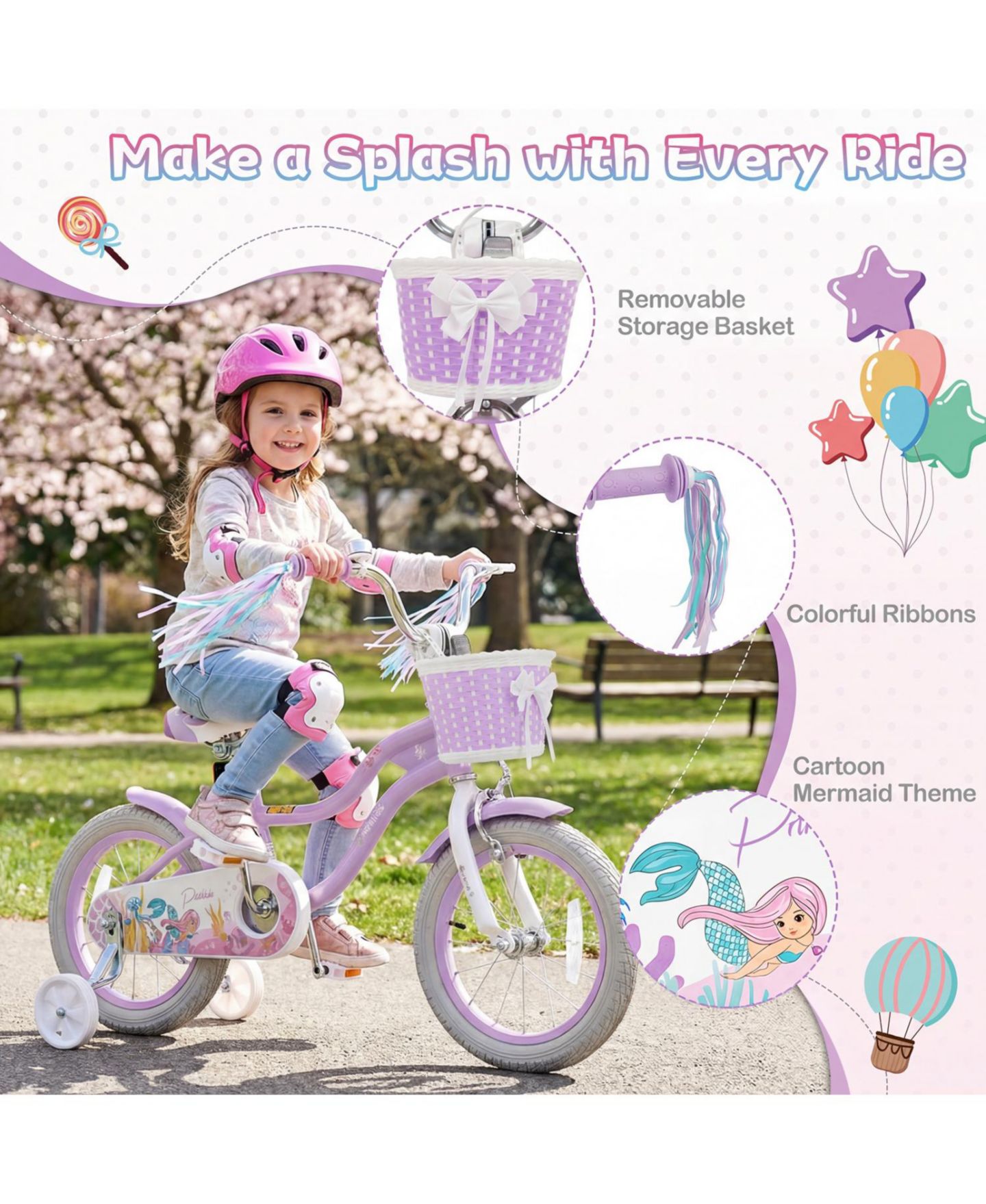 Детская игрушка Slickblue Kids Bicycle with Basket and Streamers, Adjustable Princess Theme Bike, цвет: Фиолетовый — фото 3