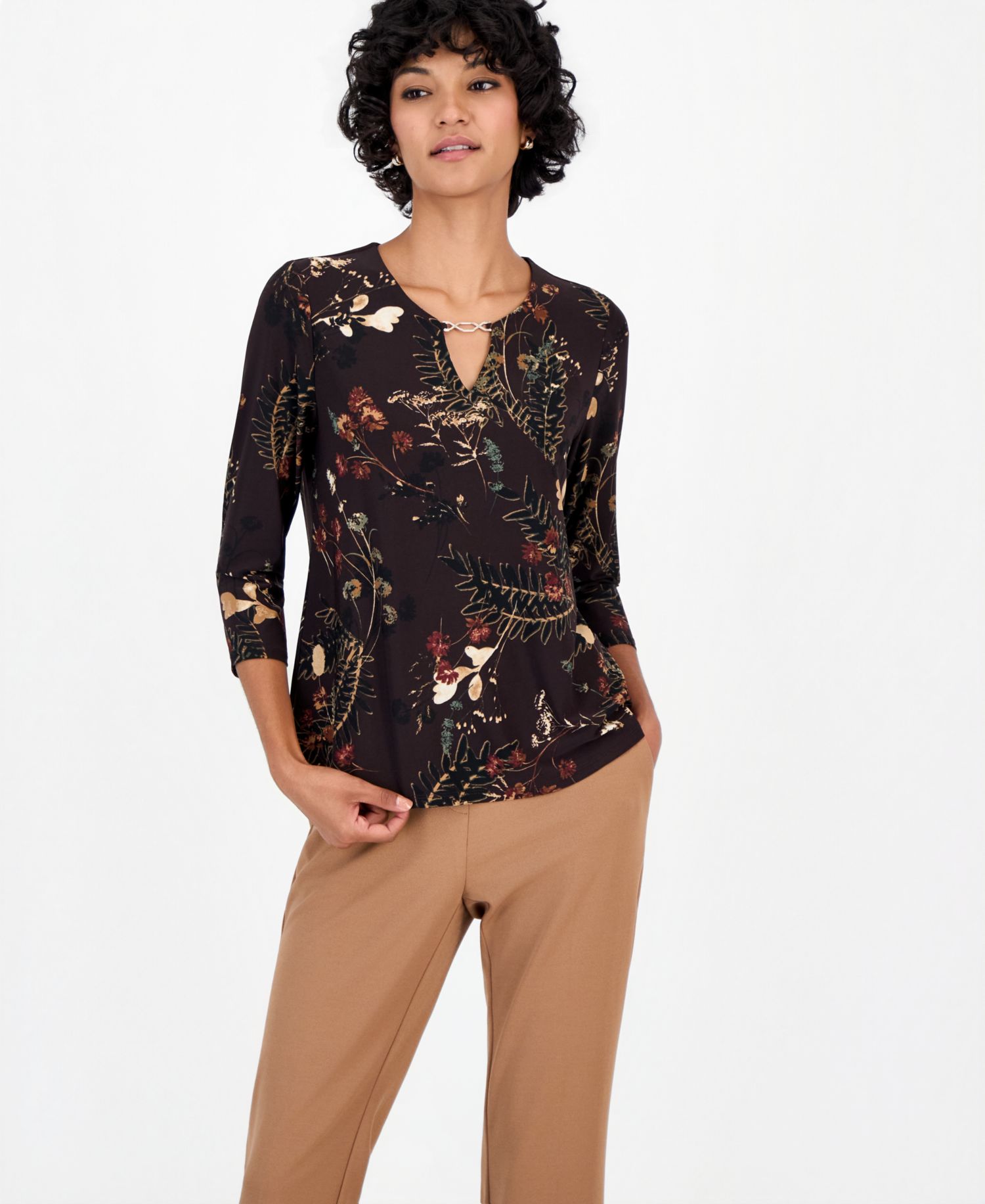 Petite 3/4-Sleeve Floral-Print Keyhole Top
