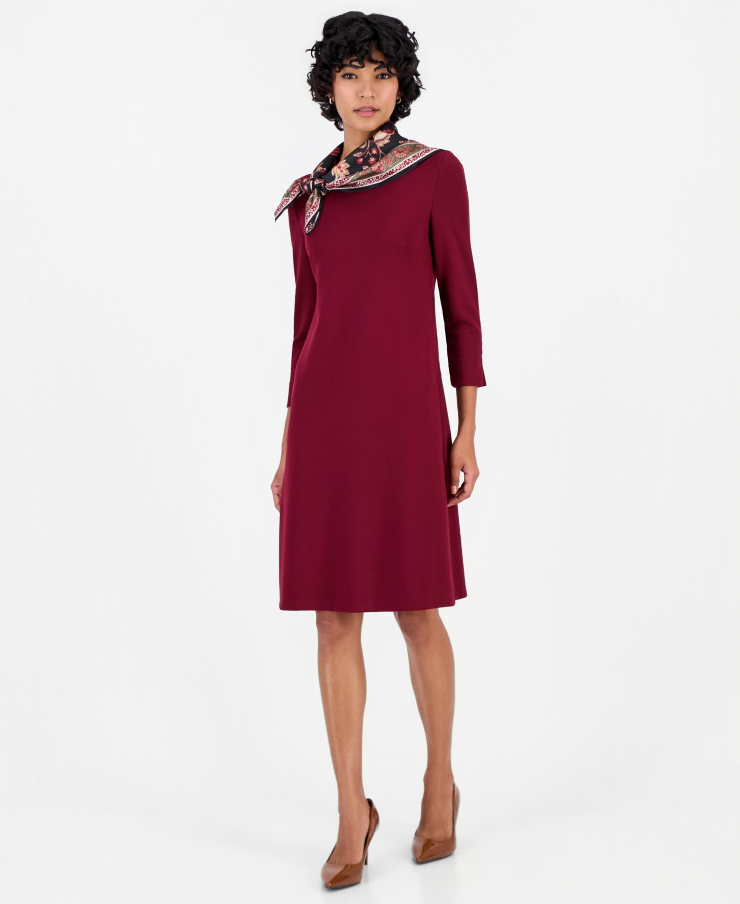 Women's 3/4-Sleeve Midi Dress with Combo Scarf