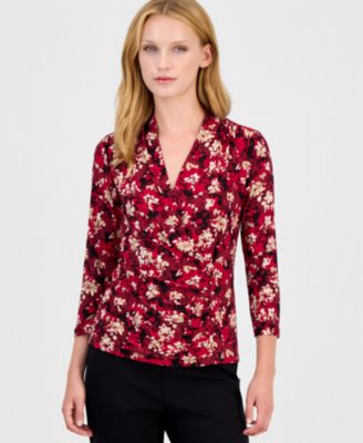 Women's Faux-Wrap 3/4-Sleeve V-Neck Blouse