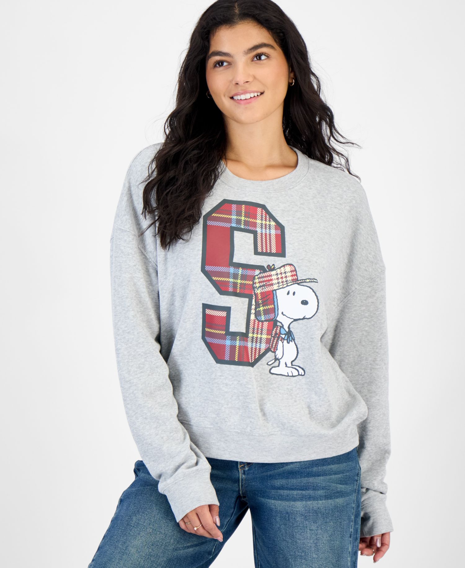 Juniors' Snoopy Plaid Graphic Fleece Sweatshirt