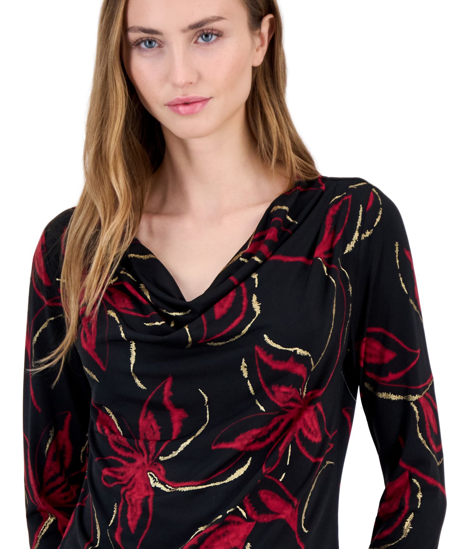 Женская блузка Anne Klein Floral-Print 3/4-Sleeve Cowl Neck, цвет: Чёрный разноцветный — фото 3