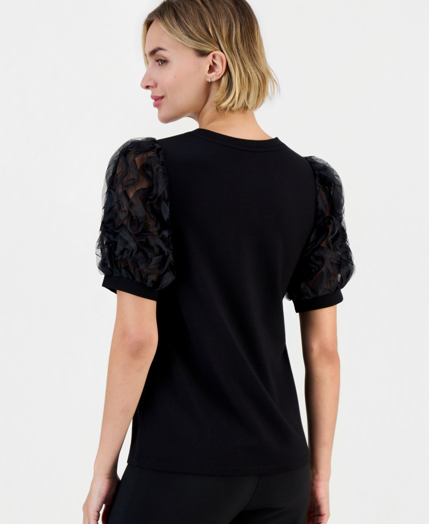 Женский топ Anne Klein Serenity Knit Puff Sleeve Crewneck, цвет: Чёрный — фото 4
