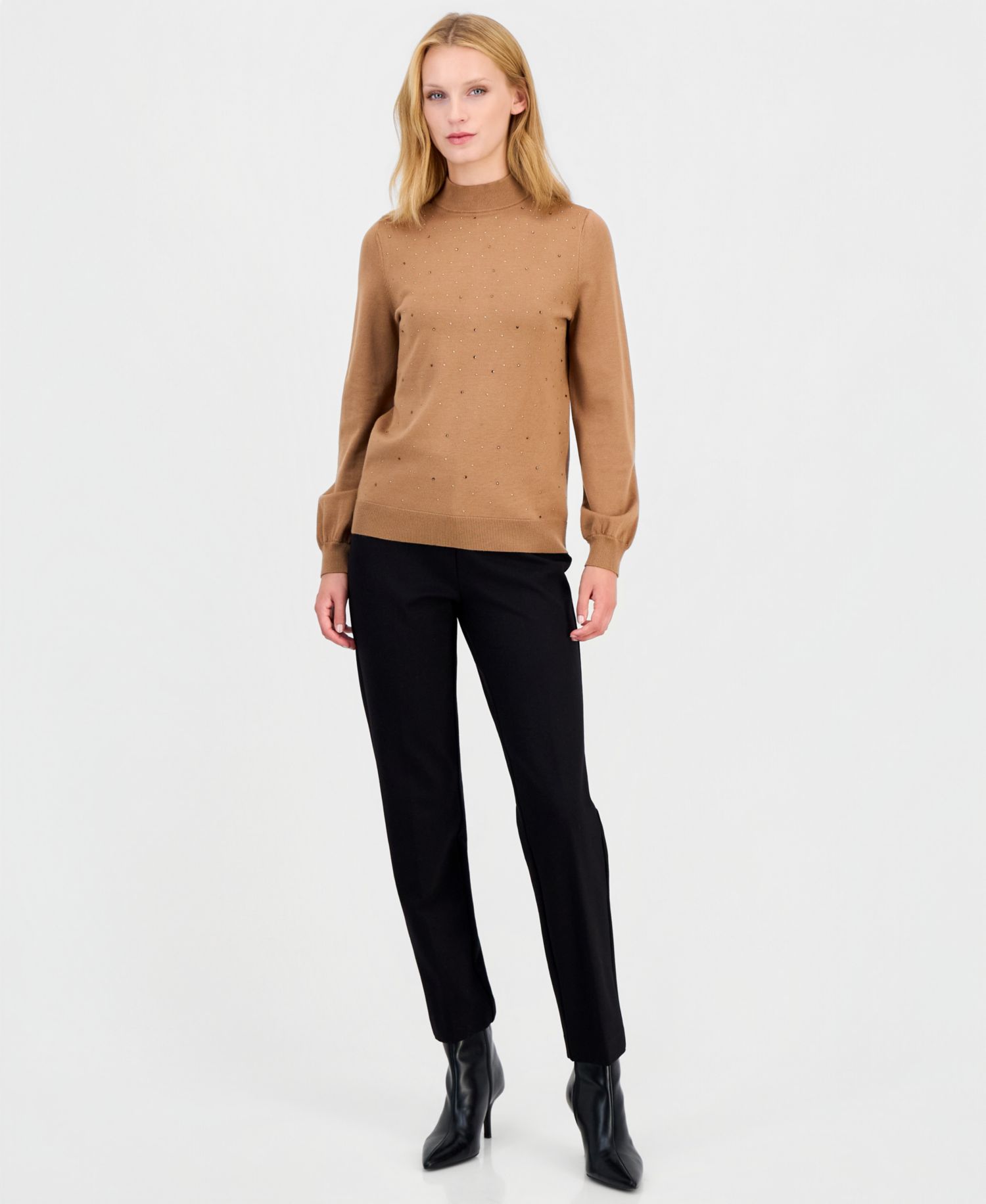 Women's Mock Neck Puff Sleeve Embellished Sweater