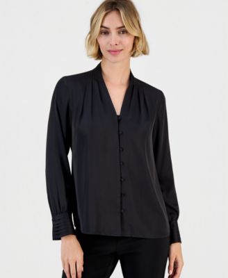 Women's Satin Pleated-Cuff Button-Front Blouse