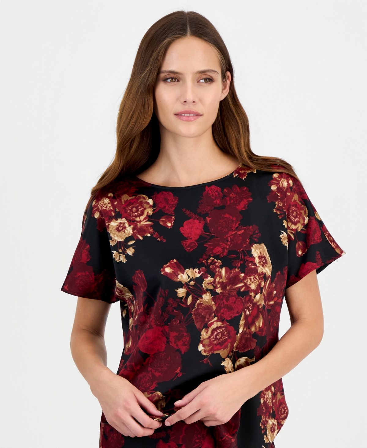 Anne Klein Women's Short-Sleeve Bateau Neck Printed-Satin Blouse