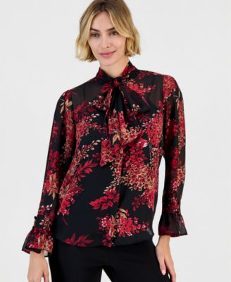Women's Long-Sleeve Bow-Front Floral-Print Blouse