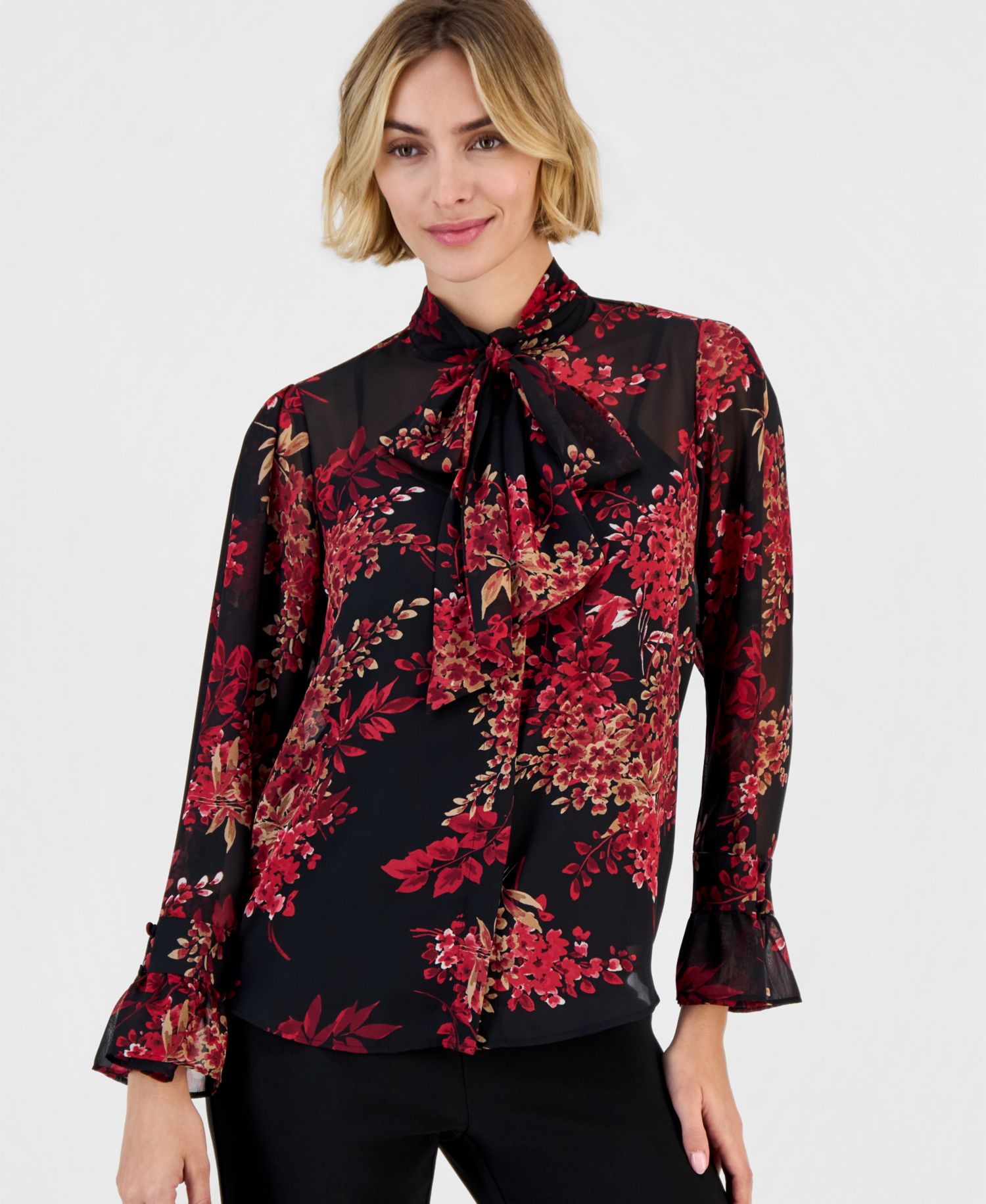 Women's Long-Sleeve Bow-Front Floral-Print Blouse