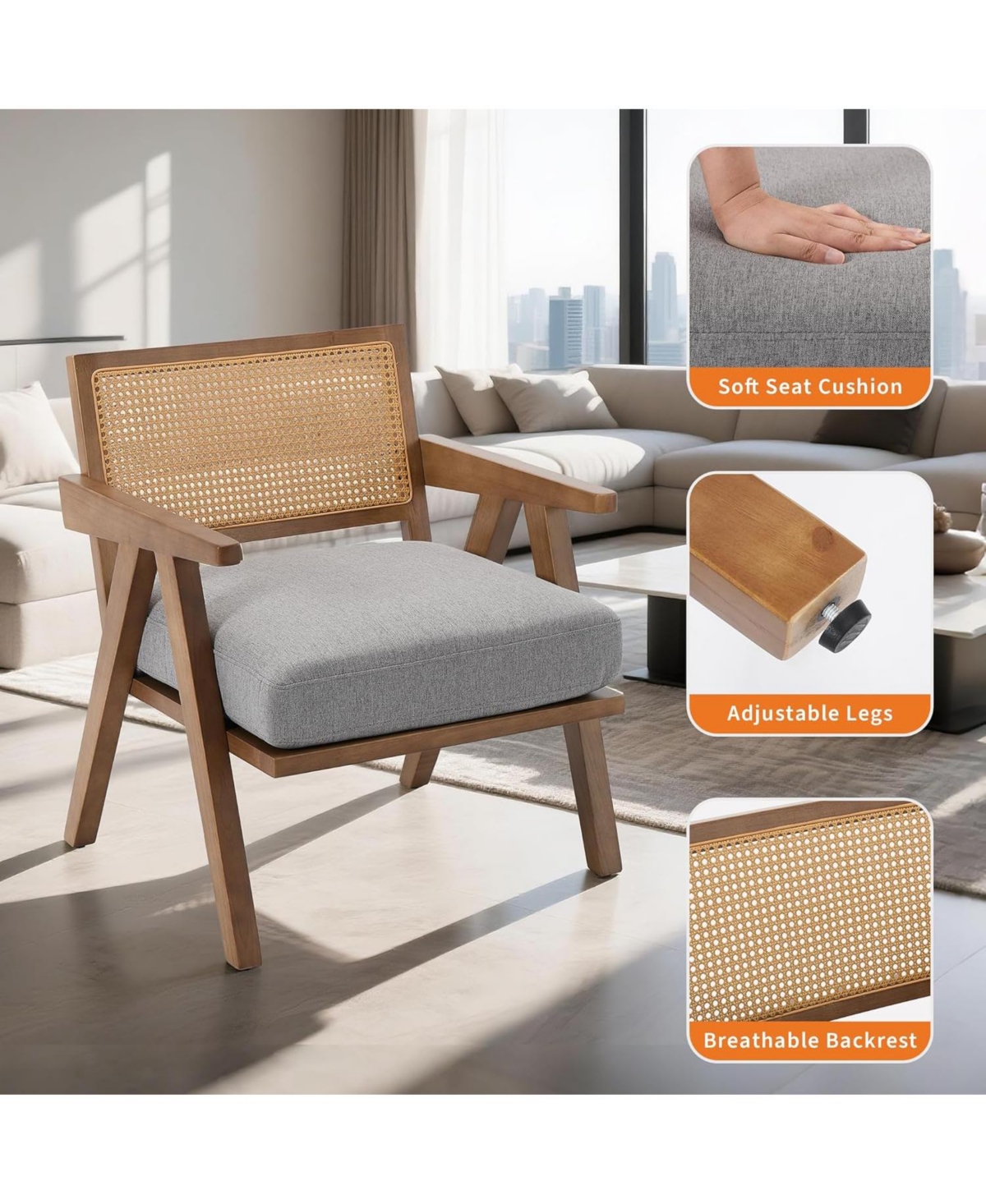 gaomon Mid Century Accent Chairs Set of 2, Rattan & Linen Cushion Armchairs
