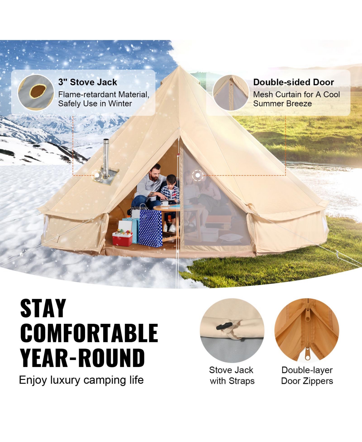 Vevor Canvas Bell Tent Season Camping Yurt Tent with Stove Jack