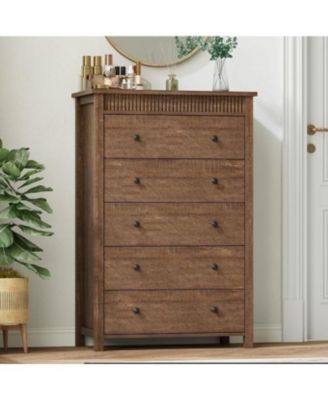 Fluted Nightstand with 5 Drawers - Modern Wooden Bedside Table with Storage, Night Stand for Bedroom