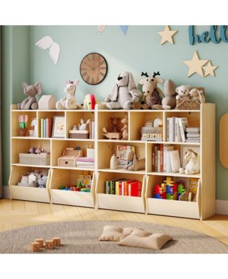 Set of 2 Toy Storage Organizer with Movable Drawers, Bookshelf with Hidden Wheels and 5 Open Cubbies, Multifunctional Floor Storage Chest