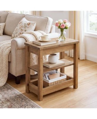 Solid Wood End Table with 3-Tier Storage Shelf Set of 2