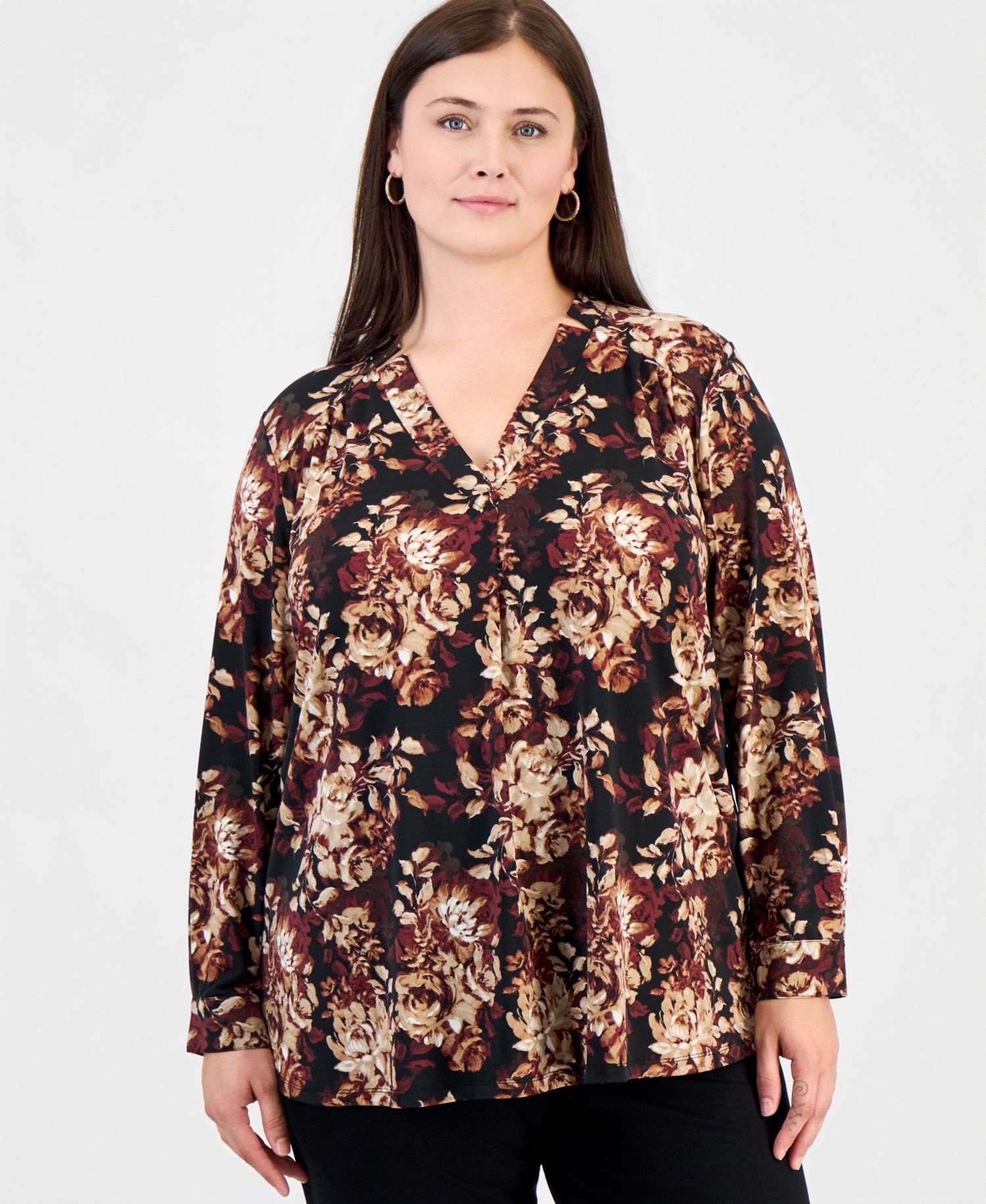 Plus Size Long Sleeve Floral Split Neck Blouse