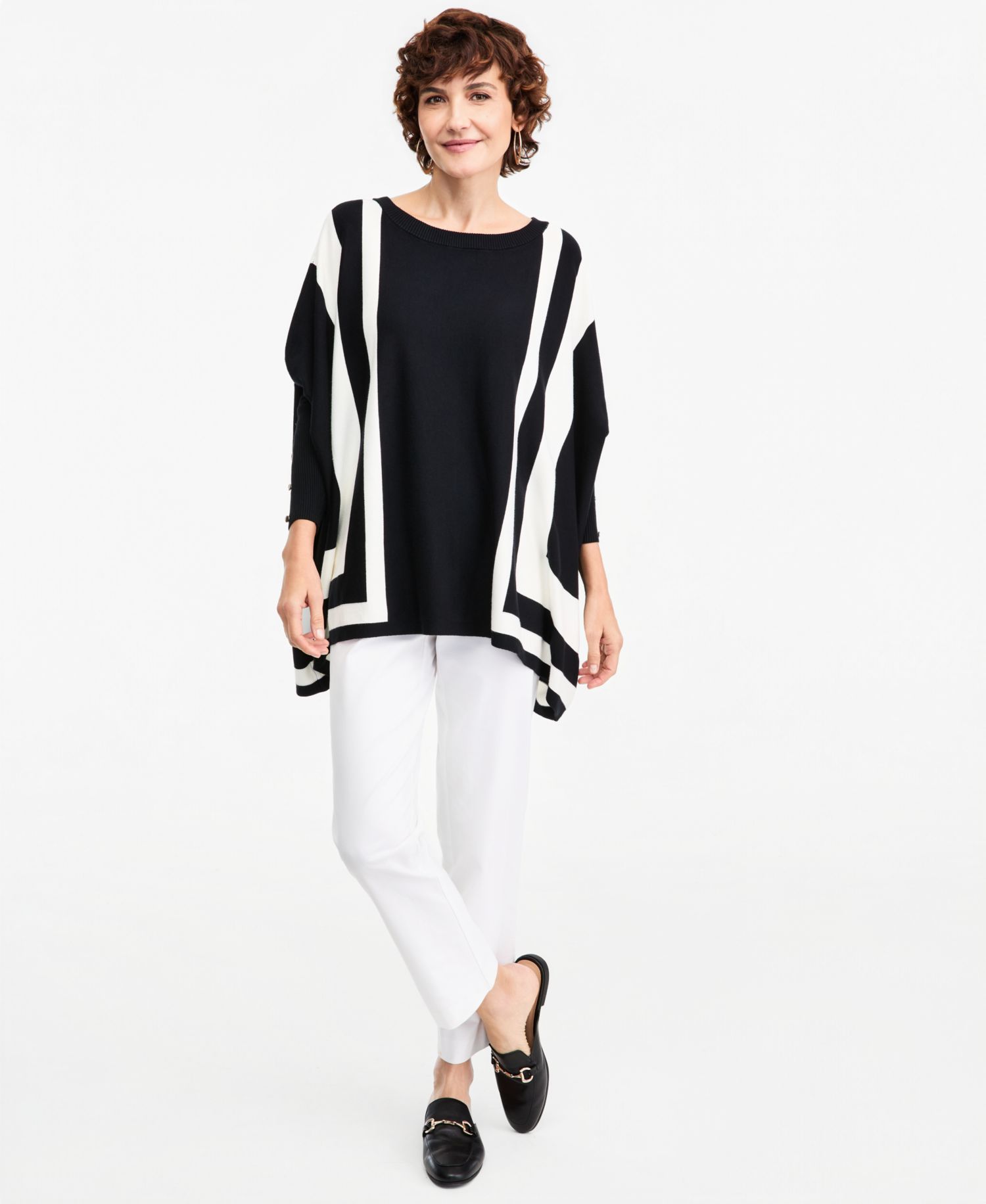 Women's Stripe Boat-Neck 3/4-Sleeve Poncho