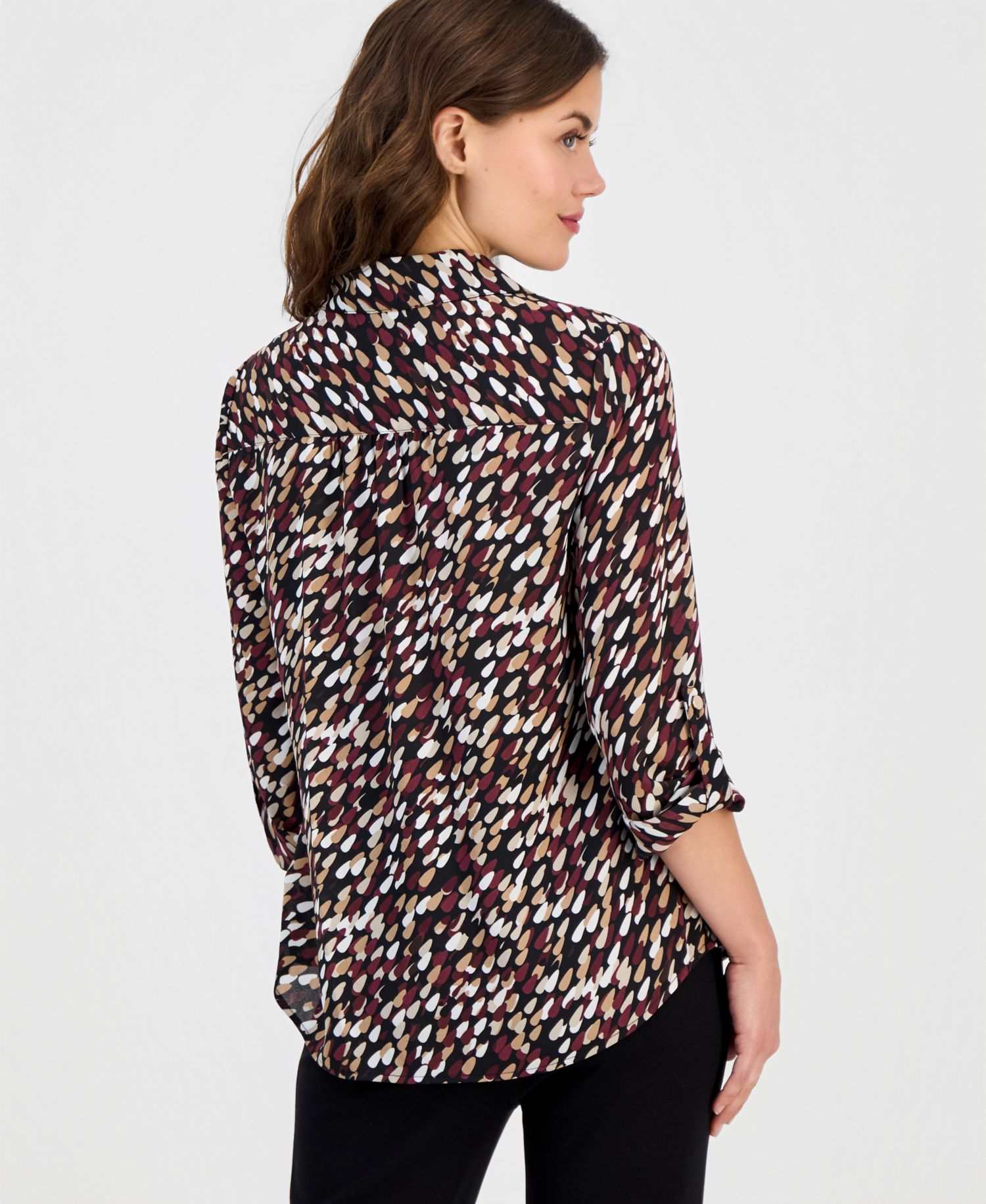 Petite V-Neck Collar 3/4-Length Roll-Tab Sleeves Blouse