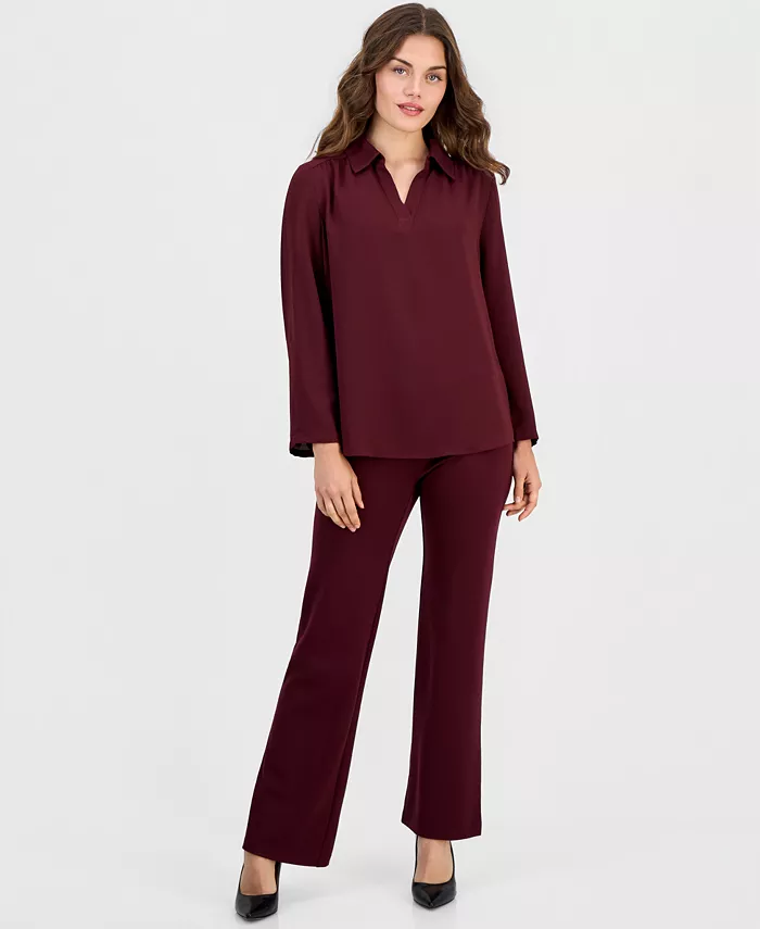 Petite V-Neck 3/4-Length Roll-Tab Sleeve Blouse - thumbnail 2