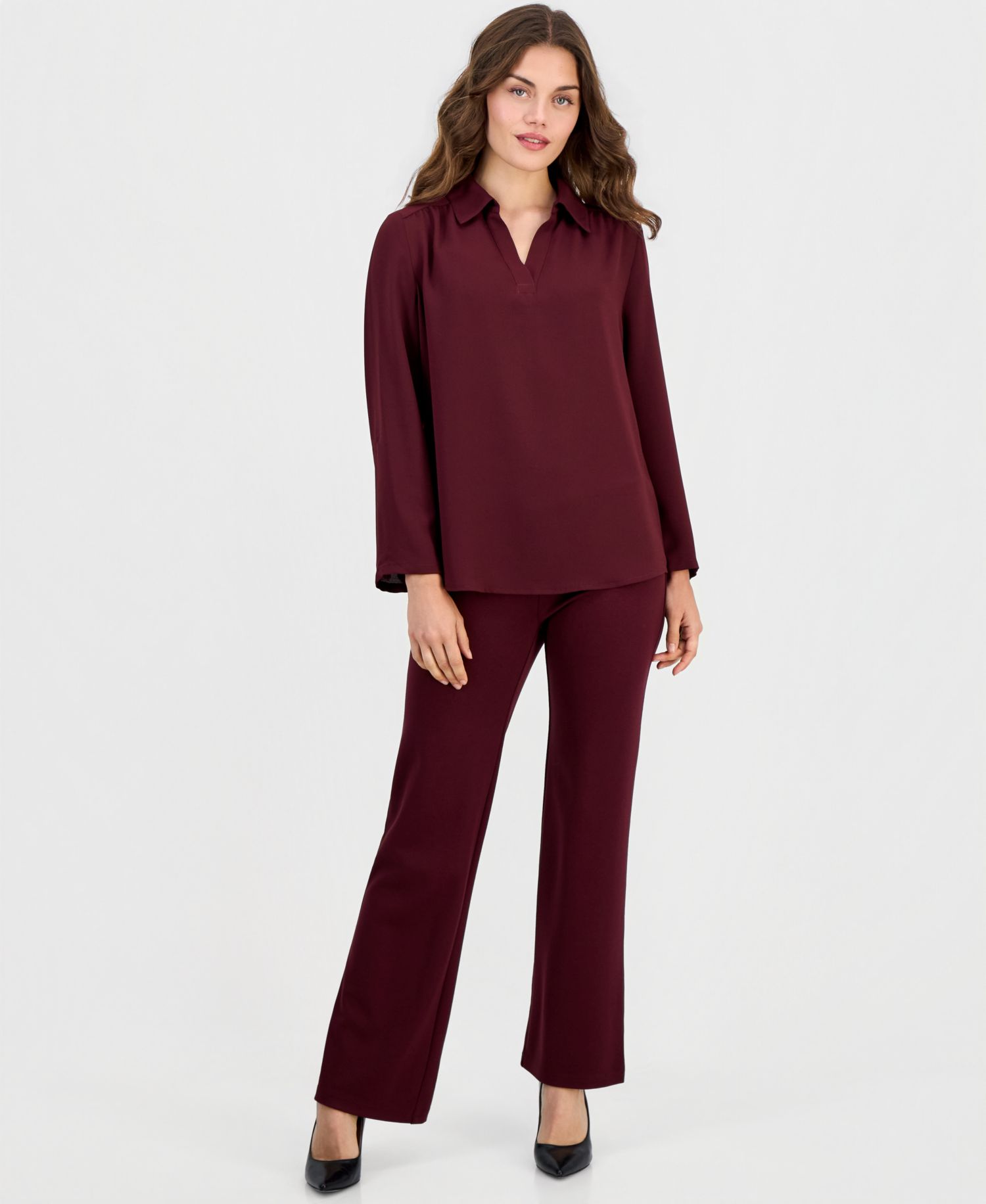 Petite V-Neck 3/4-Length Roll-Tab Sleeve Blouse