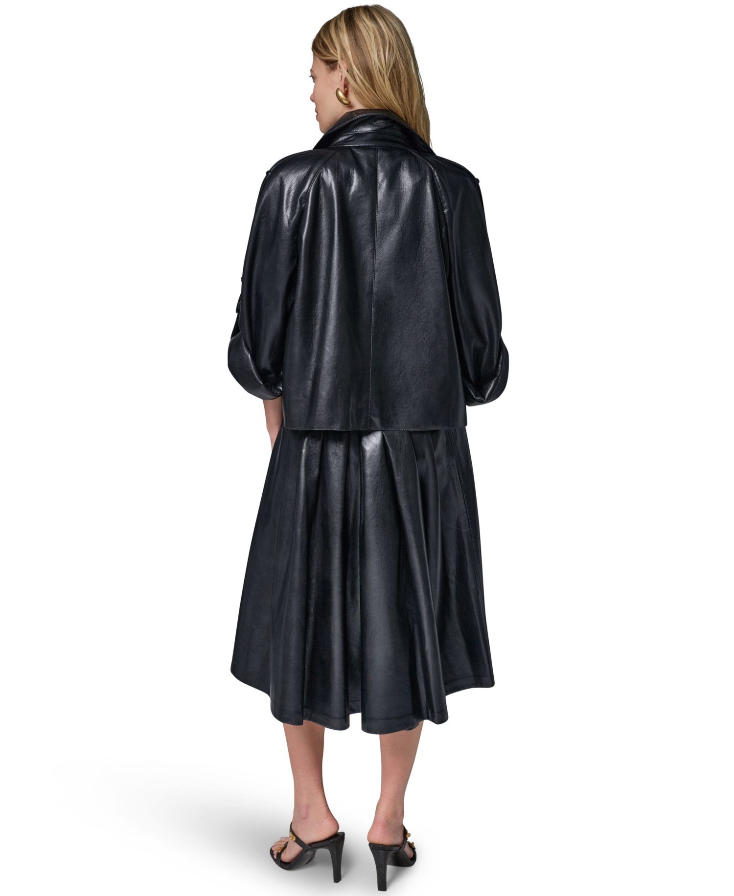Petite Faux Leather Roll-Sleeve Collared Short Jacket