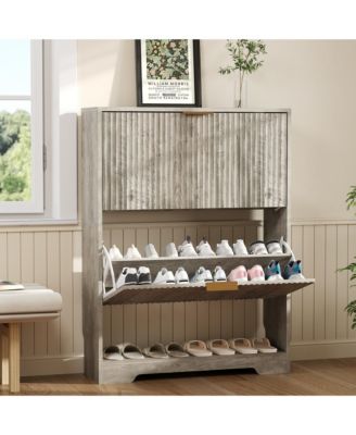 Entryway Shoe Storage Cabinet with double Flip Drawers, Wooden Shoe Organizer Cabinet with Adjustable Shelf, Slim Freestanding Shoe Rack