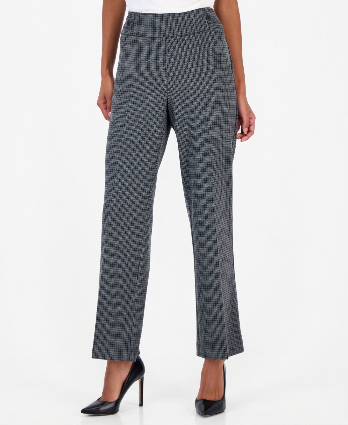 Женские брюки Anne Klein Essentials Petite Houndstooth Pull-On Wide-Leg, цвет: Меланжевый серый разноцветный — фото 1