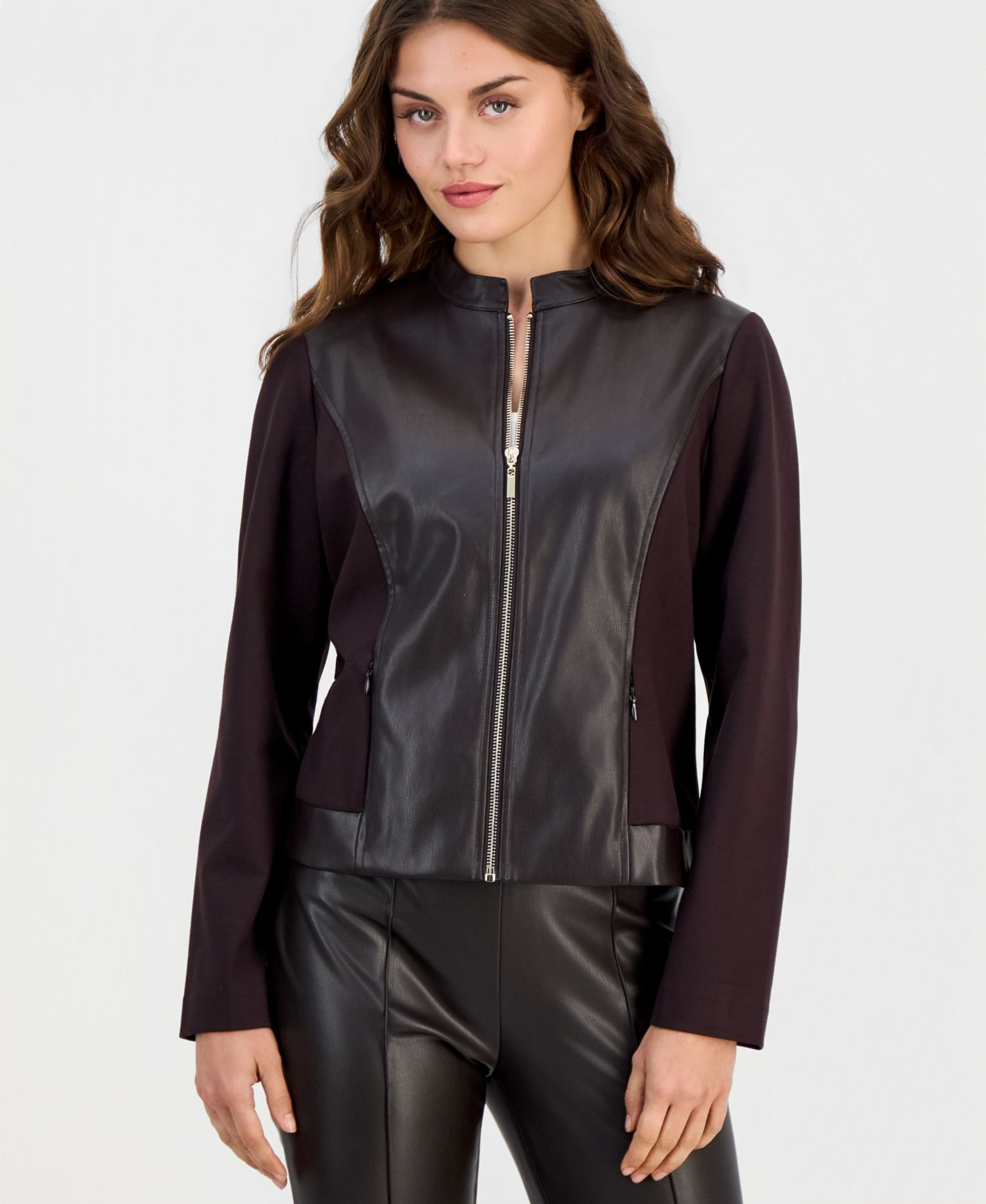 Petite Mod Moto Zipper-Front Mandarin Collar Jacket