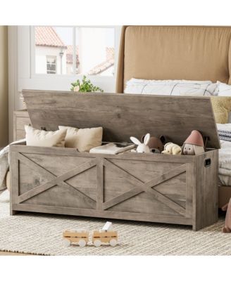 47.2" Wooden Storage Chest with Safety Hinges - Farmhouse Style Entryway - Spacious Shoe and Blanket Organizer