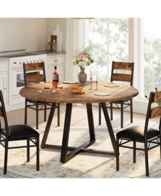 Round Dining Table Set for 4, 5-Piece Wooden Circle Kitchen Table with 4 Upholstered Chairs, Robust Frame for Small Spaces and Apartment