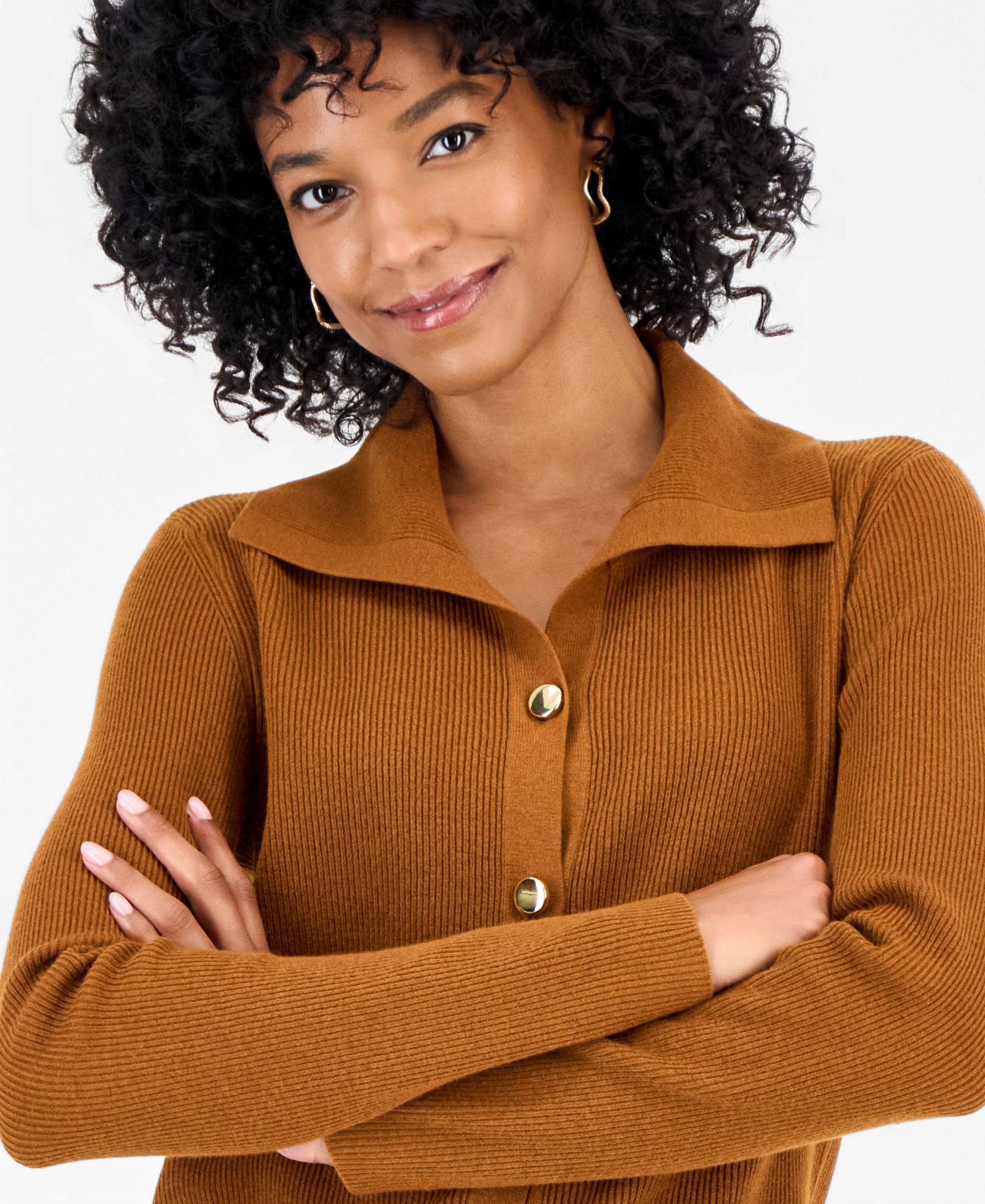 Petite Collared Long-Sleeve Button Cardigan