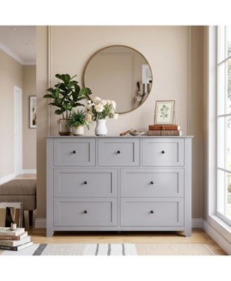 Dresser with 7 Deep Drawers for Bedroom, Modern Simplist Wood Storage Chest with Gold Handles, Tall Organizer for Closet Hallway Living Room