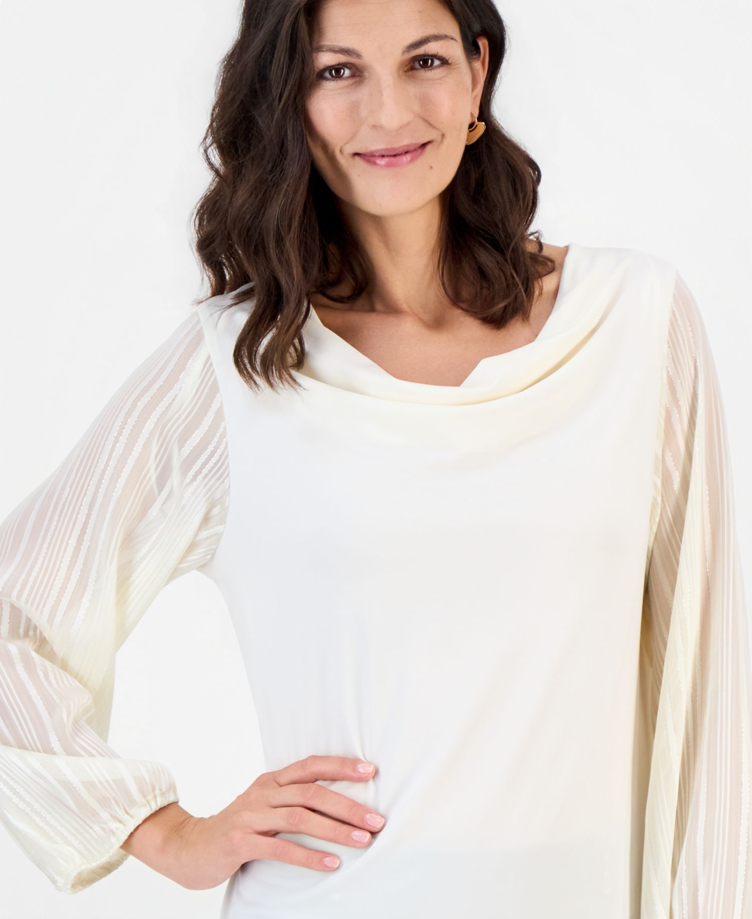 Women's Long-Sleeve Cowl-Neck Lurex Stripe Blouse