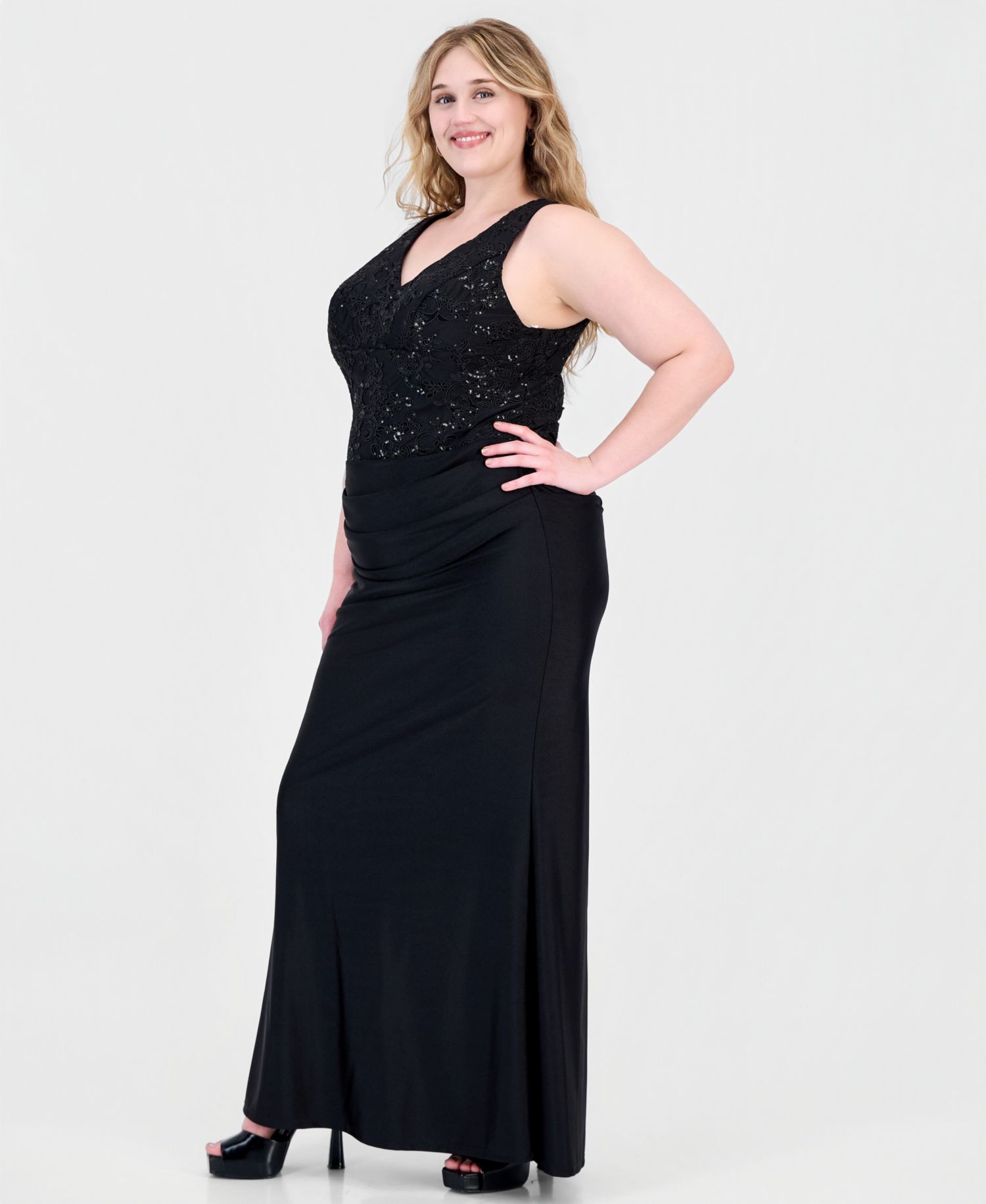 Plus Size Sleeveless V-Neck Sequin Gown