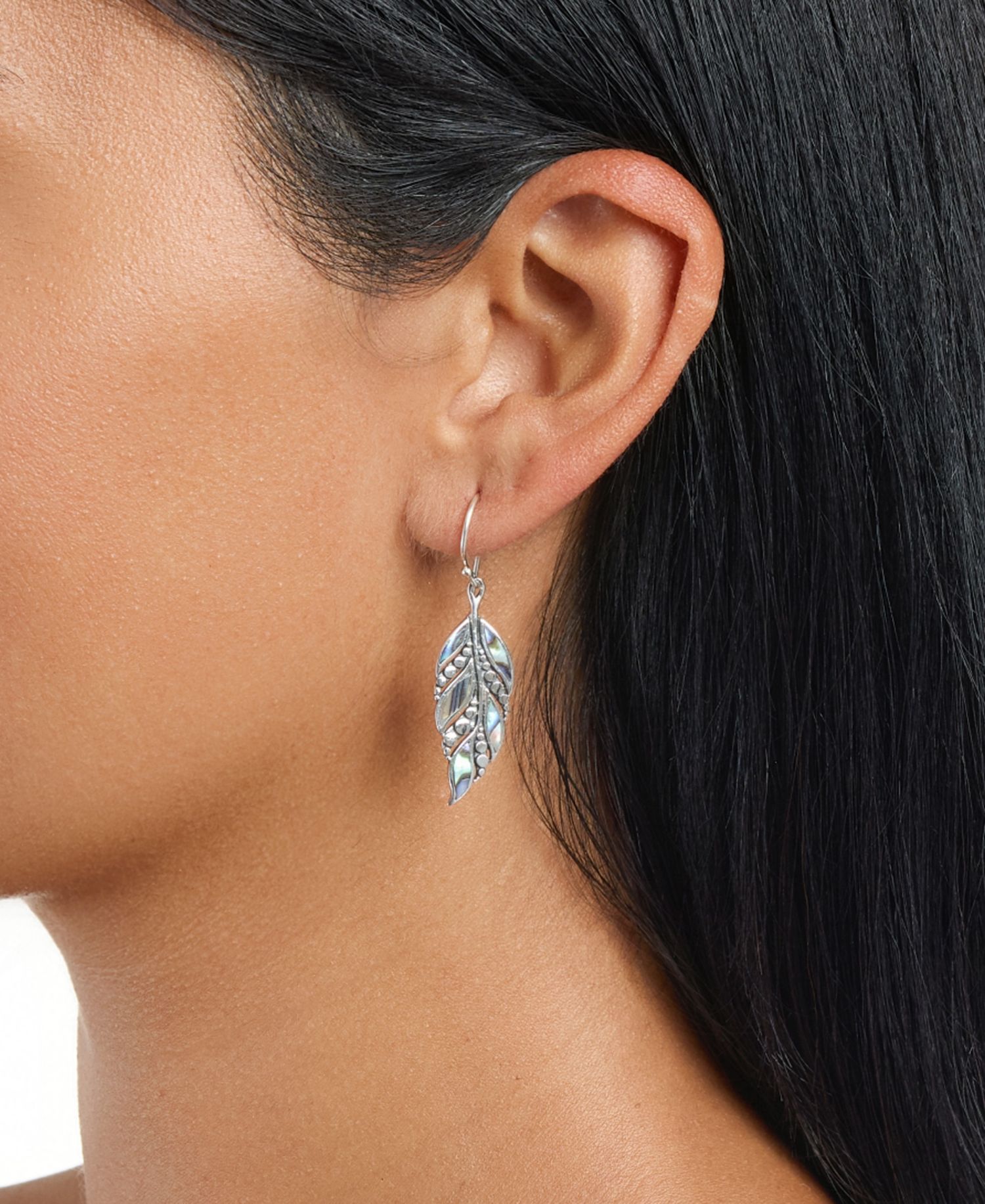 Sterling Silver Abalone Oxidized Dotted Feather Drop Earrings