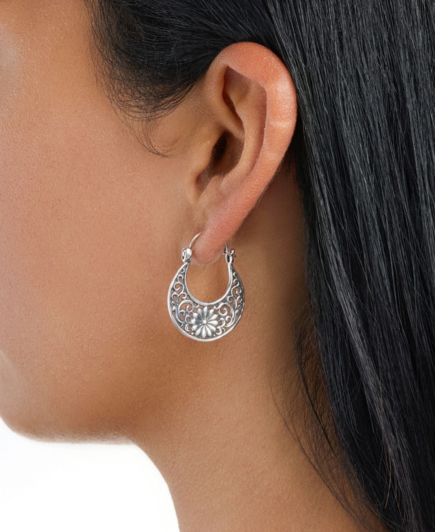 Sterling Silver Oxidized Flower Swirl 1.15" Hoop Earrings