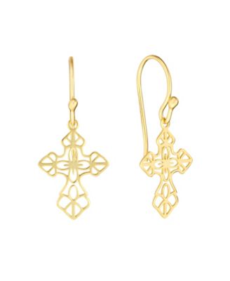 14k Gold Over Laser Cut Cross Drop Earrings