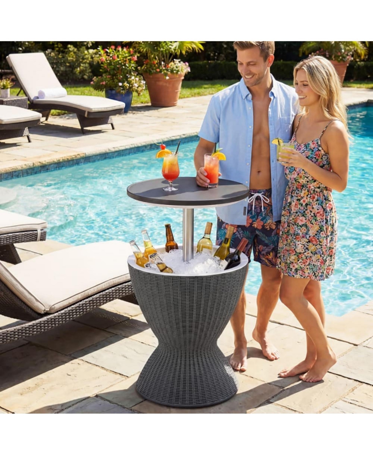 Yiortwo Outdoor Rattan Ice Cooler Bar Table with Extendable Tabletop and Drain Plug