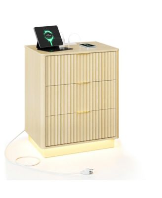 Fluted Nightstand with Charging Station, Wooden Nightstand with LED Light, Modern Mid Century Bedside End Table with 3 Drawers