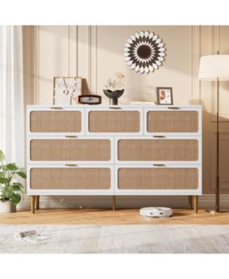 Rattan 7 Drawer Dressers for Bedroom, Tall Dresser with Deep Drawers, Large Chest of Drawers for Closet with Wide Top, Long Wooden Dresser