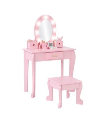 Lighted Mirror Kids Vanity Table and Chair Set - Wooden Princess Makeup Dressing Table with Stool - Pretend Play with Storage Drawer