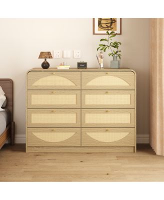 8-Drawer Rattan Front Dresser, Natural Wood Storage Chest